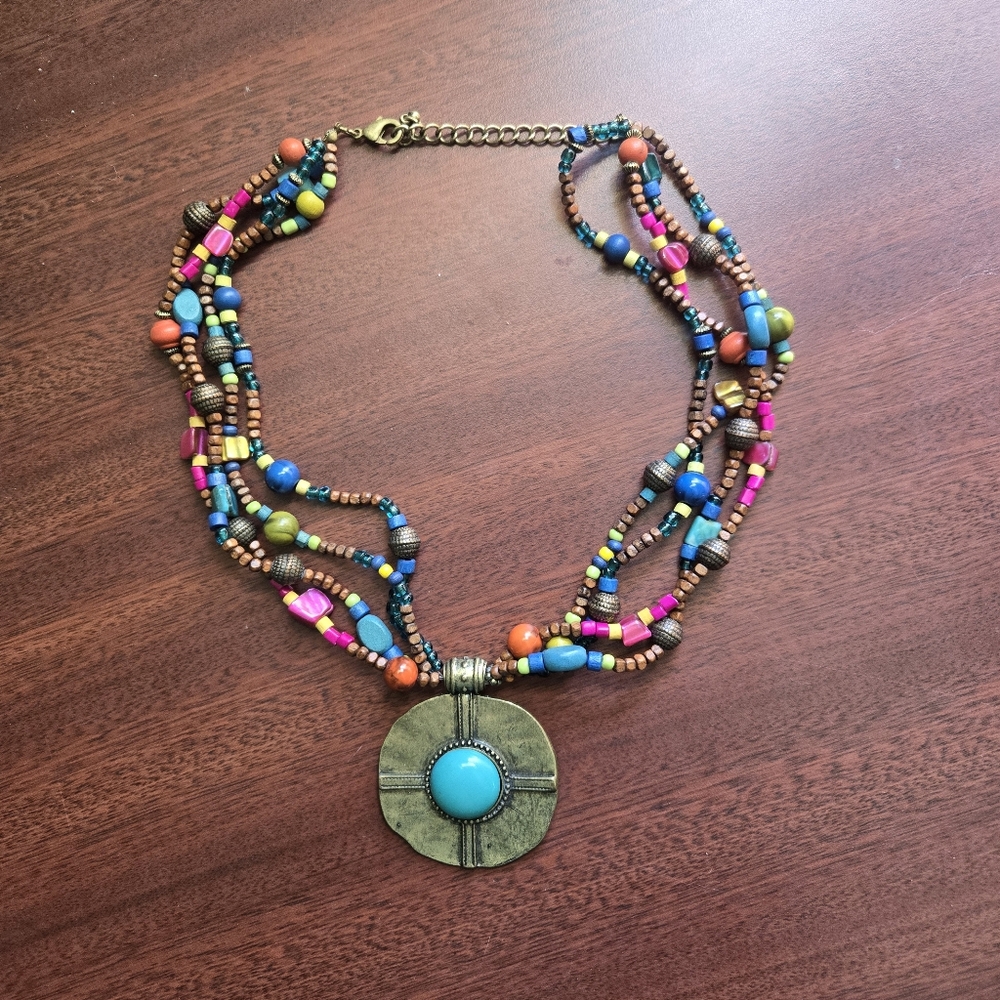 Multicolor Beaded Necklace with Bronze Tone Pendant